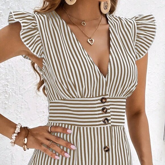 Striped Mini Dress, Boho Button Front Butterfly Sleeve Dress, Reformation - Picture 5 of 8